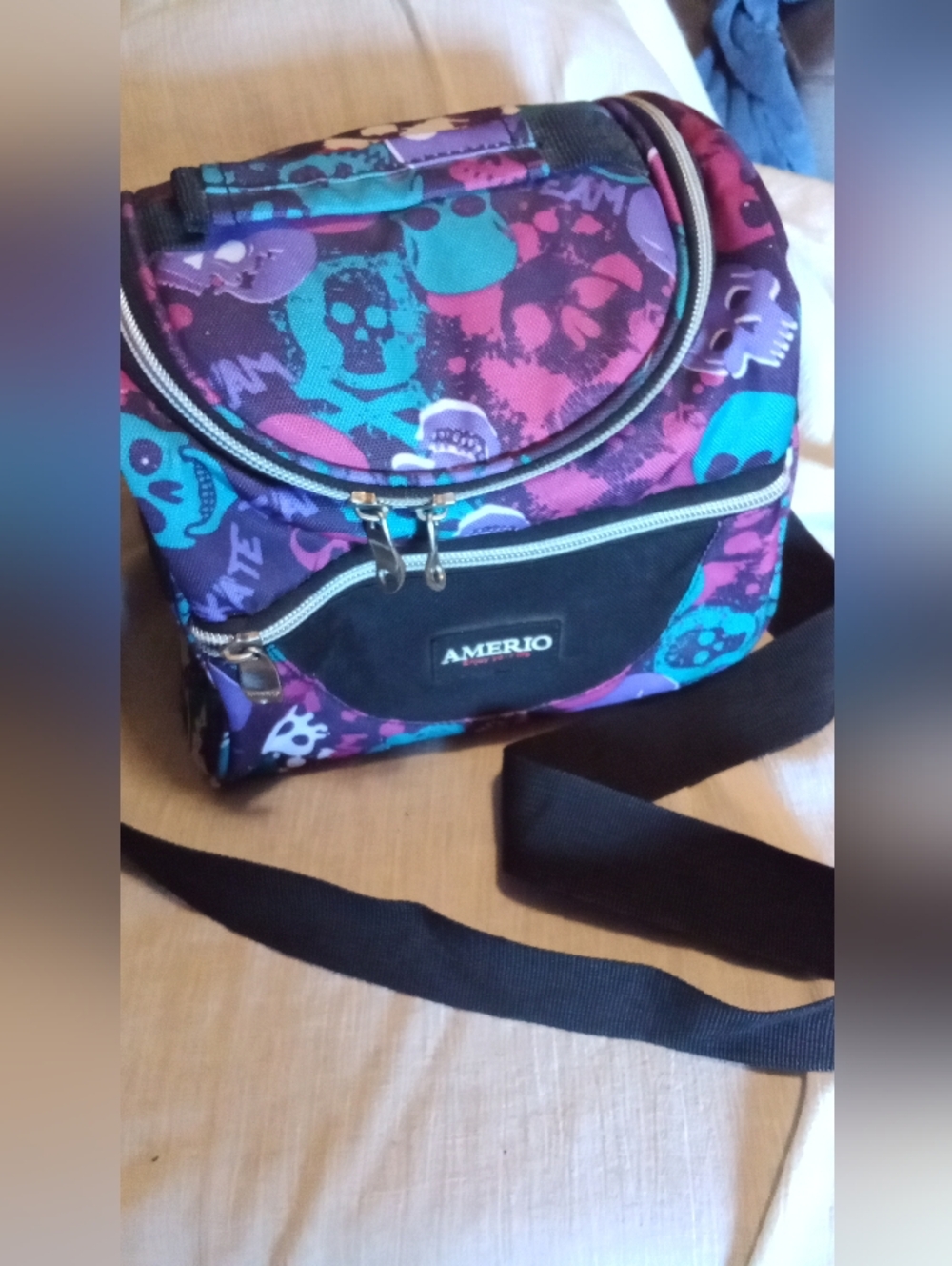 Amerio Skull Print Crossbody Lunch Bag in Purple Teal Pink
